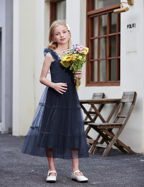 Arshiner Tween Girls Dress Ruffle Sleeve Elastic Straps Smocked Tulle Sundress