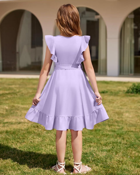 Arshiner Girls Belted Pockets Flutter Sleeve A-line Dresses