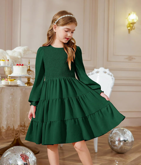 Arshiner Girls Dress Fall Boho Long Sleeve Shirred Smocked Tiered Party Dresses