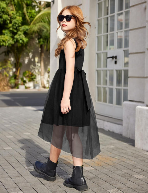 Arshiner Girls Dresses Formal Party Tulle Contrast Mesh Dress with Belt