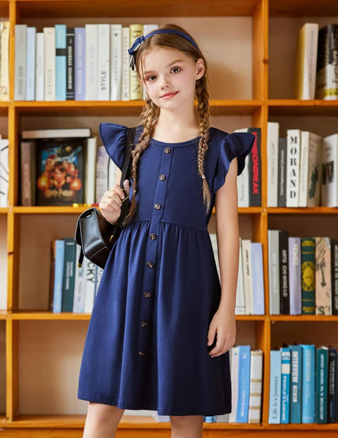 Arshiner Girls Dress Flutter Sleeve A-Line Button Down Sundress