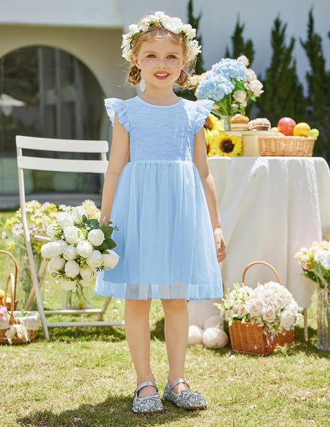 【2-8Y】Arshiner Toddler Lace Tutu Dresses Ruffle Sleeve 3 Layers Tulle Flower Dress