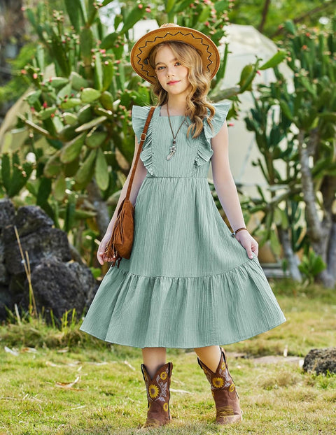 Arshiner Girls Tie Back Dress Tween Boho Flutter Sleeve Maxi Dresses