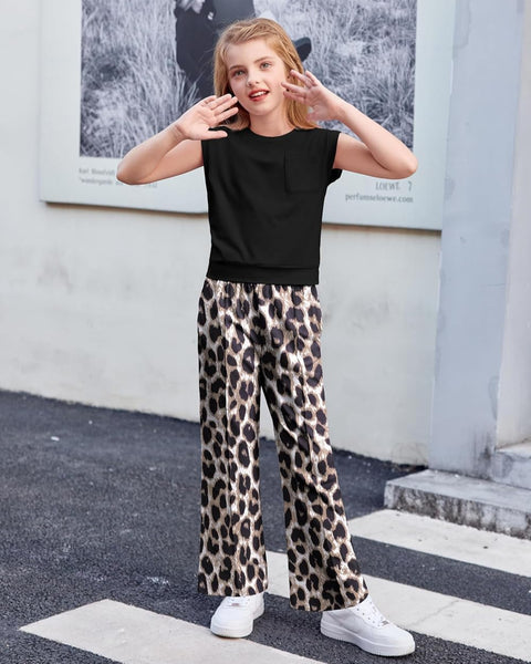 【6-14Y】Arshiner Girls 2 Piece Sets Drop Shoulder Sleeve Top and Wide Leg Pants