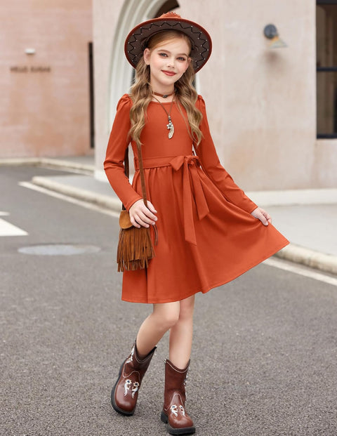 Arshiner Girls Dresses Puff Long Sleeve Formal Belted Dress