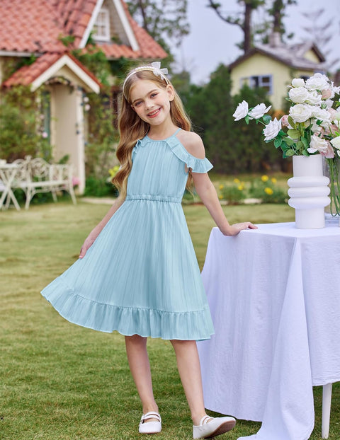Arshiner Girls Summer Dress Casual Party Birthday Halter Neck Cold Shoulder Sundress for 5-14 Years