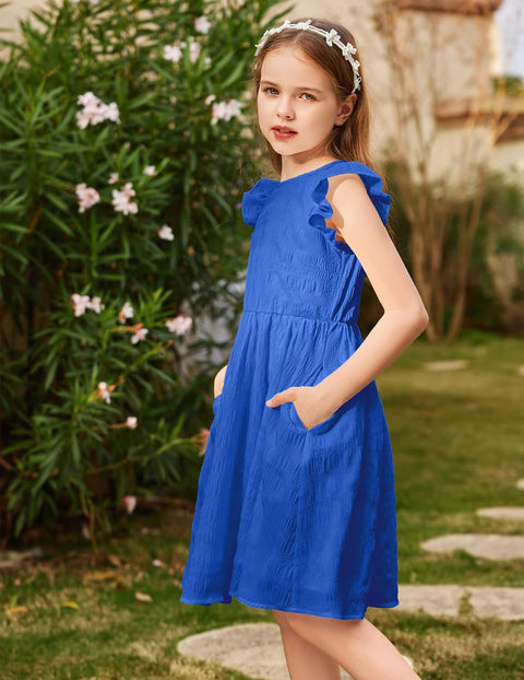 Arshiner Girls Dress Casual Ruffle Sleeveless A Line Summer Dresses with Pockets 4-12 Years