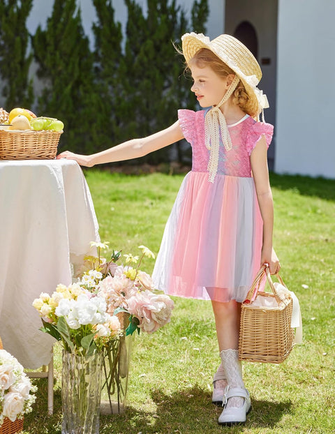 【2-8Y】Arshiner Toddler Lace Tutu Dresses Ruffle Sleeve 3 Layers Tulle Flower Dress