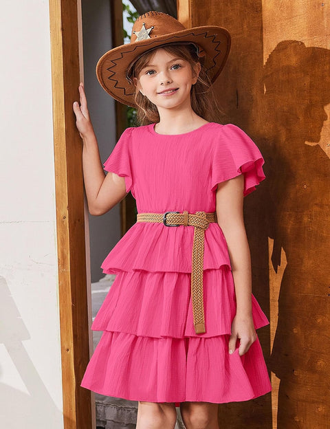 Arshiner Girls Dresses Elegant Ruffle Short Sleeve Back Tie Tiered Dresses