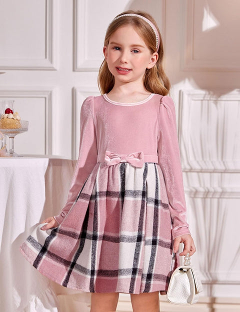 Arshiner Girls Dresses Velvet Plaid Patchwork Party Dress