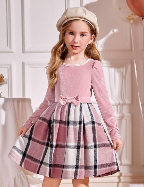 Arshiner Girls Dresses Velvet Plaid Patchwork Party Dress