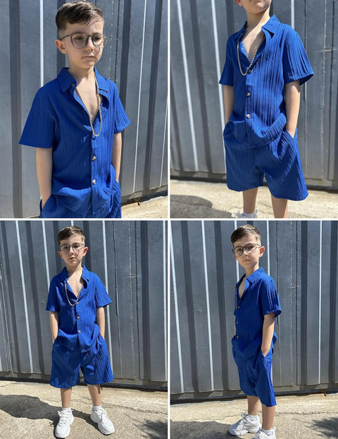 [5Y-12Y] Arshiner Boy's Textured Button Up Shirt and Shorts Set