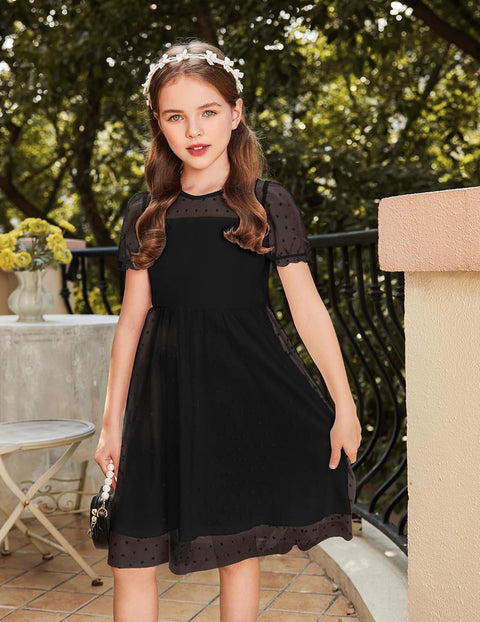 Arshiner Girls Dress Contrast Mesh Puffy Short Sleeve A Line Casual Party Dress 3-12 Years