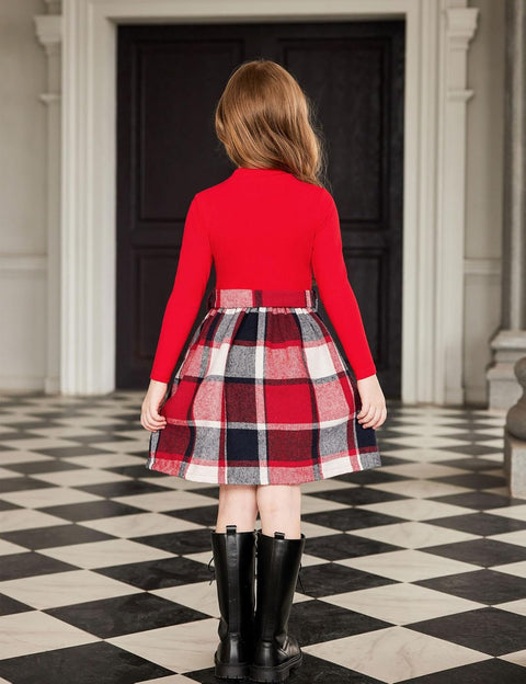 Arshiner Girls Dresses Long Sleeve Rib Knit Plaid Patchwork Belted Dress