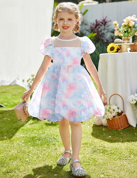 Arshiner Girls Dress Contrast Mesh Puff Flowy Bubble Hem Dresses