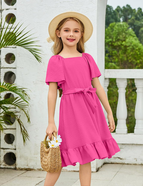 Arshiner Girls Dresses Kids Square Neck Ruffle Hem Belted Dress