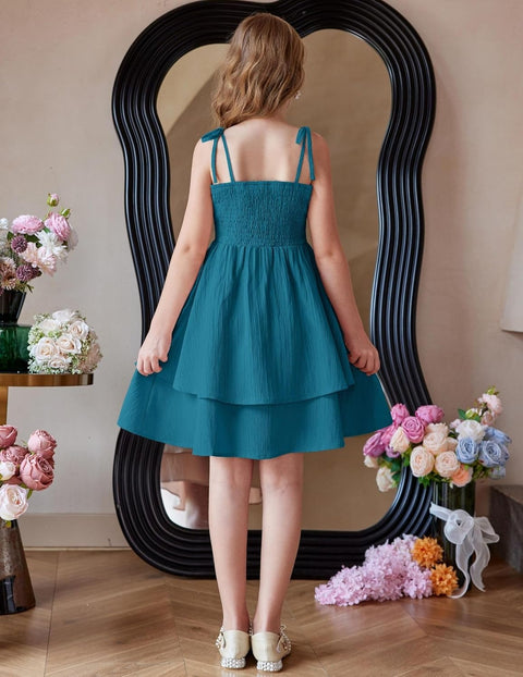 Arshiner Girls Dresses Flowy Tiered Ruched Smocked Back Midi Sundress
