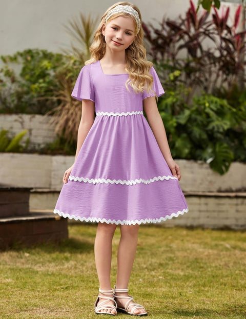 Arshiner Girls Dress Flutter RIC Rac Tiered Short Sleeve Dresses with Pockets