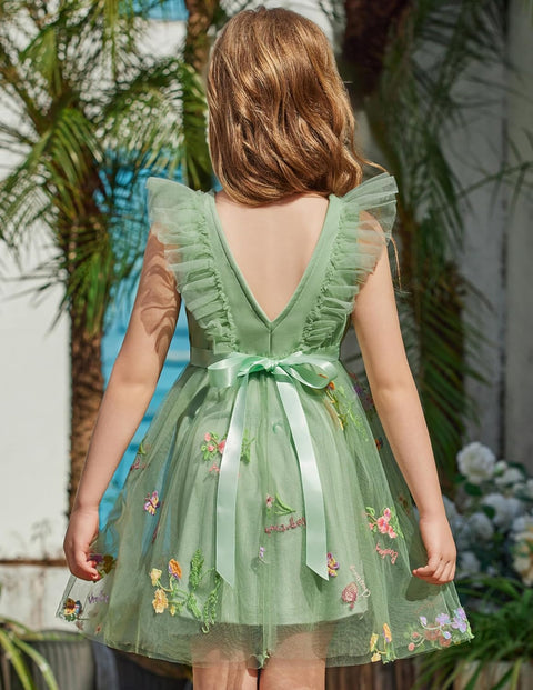 【2-8Y】Arshiner Toddler Dress Ruffle Sleeve V-Back Tie Waist Girl Dresses