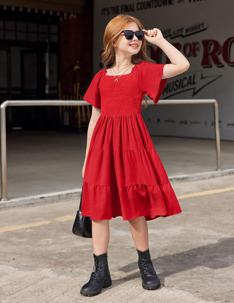 Arshiner Girls Dress Boho Smocked Swing Flowy Ruffle Midi Dresses