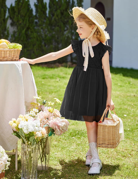 【2-8Y】Arshiner Toddler Lace Tutu Dresses Ruffle Sleeve 3 Layers Tulle Flower Dress