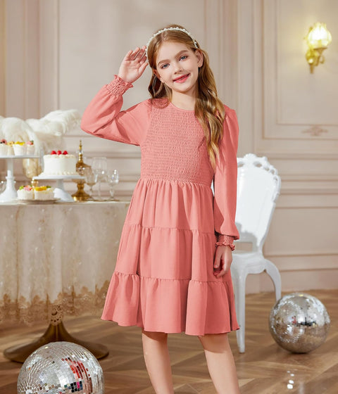 Arshiner Girls Dress Fall Boho Long Sleeve Shirred Smocked Tiered Party Dresses