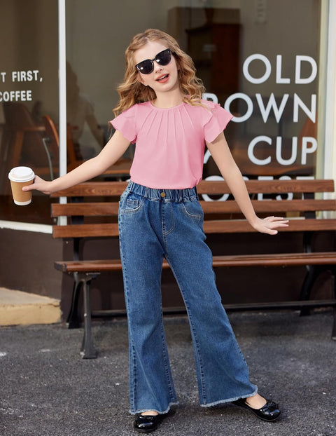 Arshiner Girls T Shirts Ruffle Short Sleeve Pleated Casual Tops