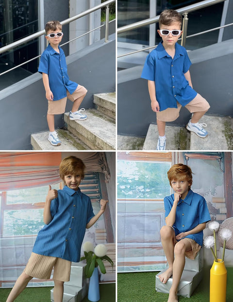 [5Y-12Y] Arshiner Boy's Textured Button Up Shirt and Shorts Set