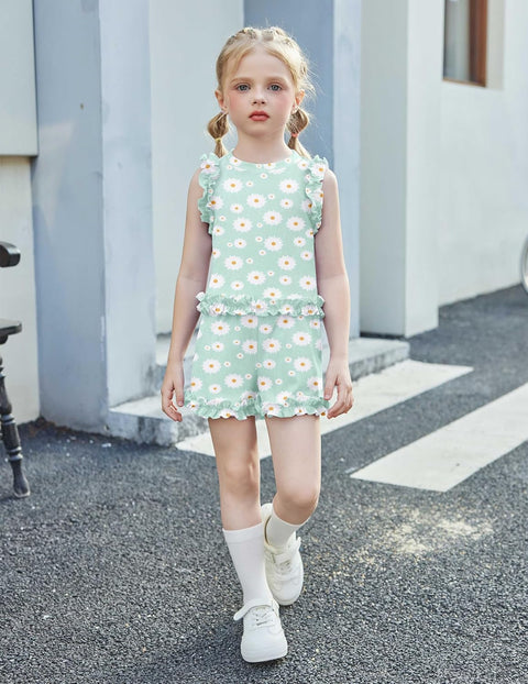 Arshiner Toddler Girls Clothes Ribbed Knit Ruffle Sleeveless Tops and Shorts with Pockets Cute Summer 2 Pieces Short Sets