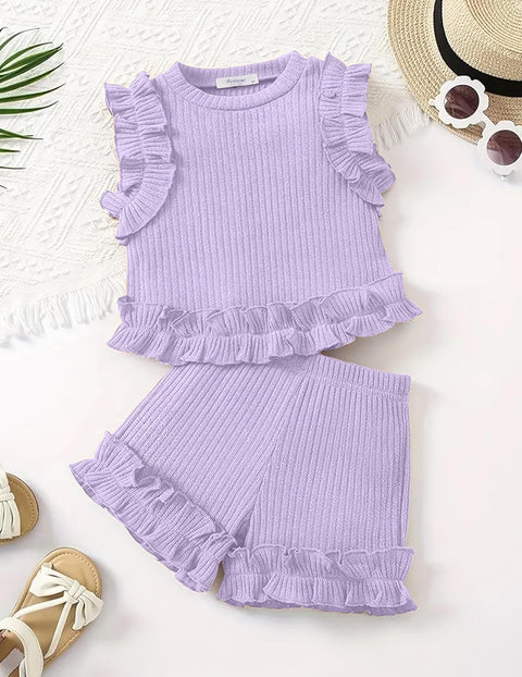 Arshiner Toddler Girls Clothes Ribbed Knit Ruffle Sleeveless Tops and Shorts with Pockets Cute Summer 2 Pieces Short Sets