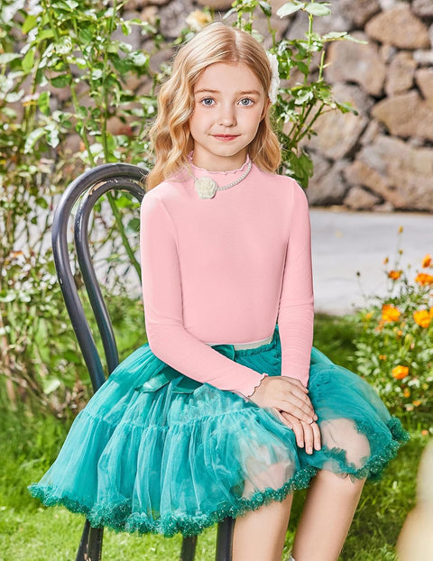 Arshiner Girls Lettuce Trim Mock Neck Ribbed Knit Tops