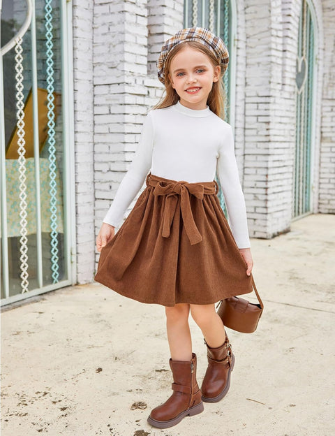 Arshiner Girls Dresses Long Sleeve Rib Knit Plaid Patchwork Belted Dress