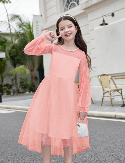 Arshiner Girls Dresses Contrast Mesh Long Sleeve Twirly Formal Dress