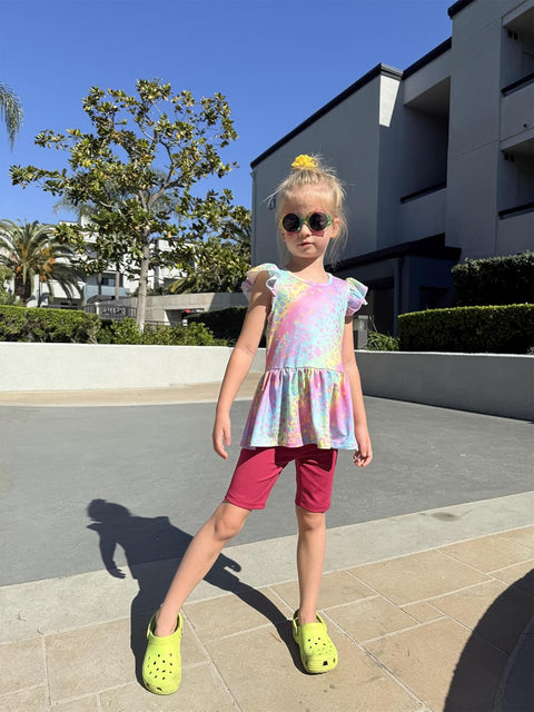 Arshiner Girls 2 Piece Outfit Ruffle Sleeve Peplum Top And Biker Shorts Set