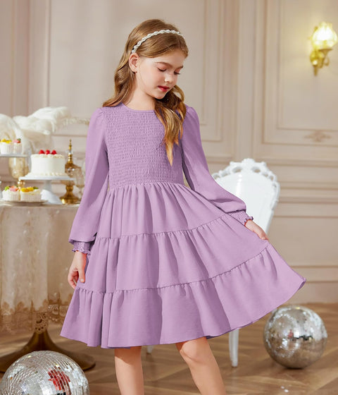 Arshiner Girls Dress Fall Boho Long Sleeve Shirred Smocked Tiered Party Dresses