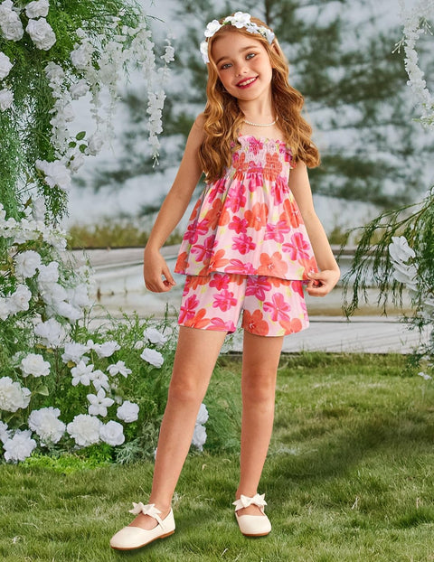 【2-8Y】Arshiner Toddler Girls 2 Piece Outfits Ruffle Hem Camisole & Shorts Set