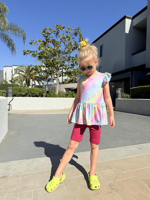 Arshiner Girls 2 Piece Outfit Ruffle Sleeve Peplum Top And Biker Shorts Set