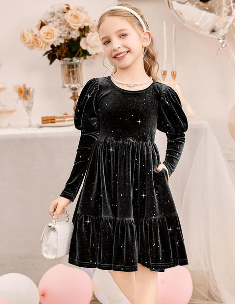 Arshiner Toddler Velvet Dress Girls Puff Party Ruffle Dresses