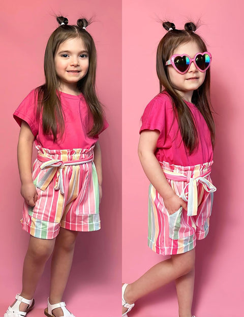 Arshiner Girls 2 Piece Outfit Summer Drop Shoulder Batwing Sleeve Tops and Paperbag Waist Shorts Set Cute Clothing Size 6-14