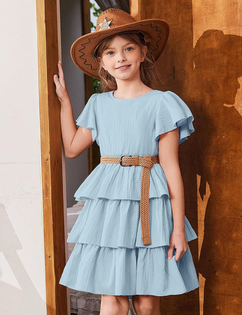 Arshiner Girls Dresses Elegant Ruffle Short Sleeve Back Tie Tiered Dresses