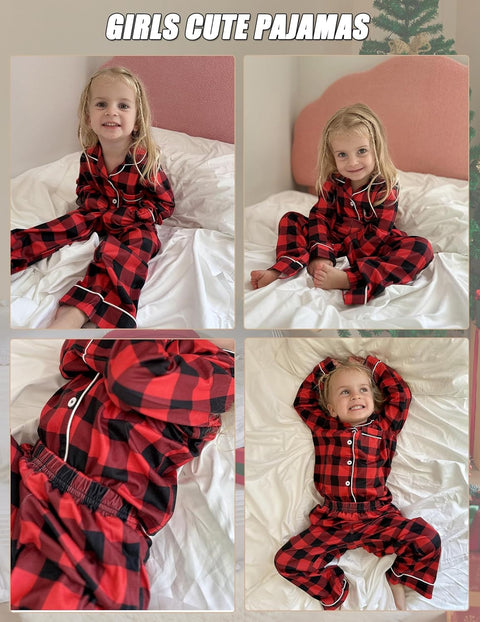 Arshiner Pajamas Set for Girls Plaid Long Sleeve Lounge Set