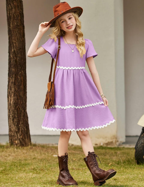 Arshiner Girls Dress Flutter RIC Rac Tiered Short Sleeve Dresses with Pockets