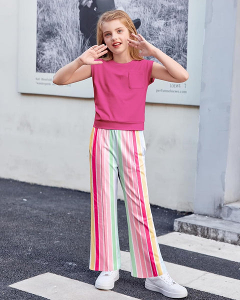 【6-14Y】Arshiner Girls 2 Piece Sets Drop Shoulder Sleeve Top and Wide Leg Pants
