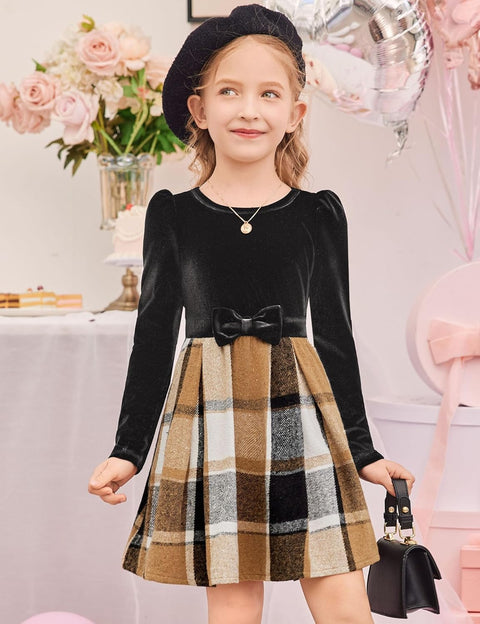 Arshiner Girls Dresses Velvet Plaid Patchwork Party Dress