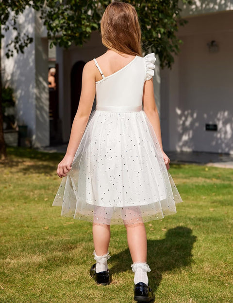 Arshiner Girls Dresses One Shoulder Ruffle Formal Tulle Dress