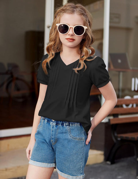 Arshiner Girls Puff Short Sleeve Shirts Pleated Tunic Top
