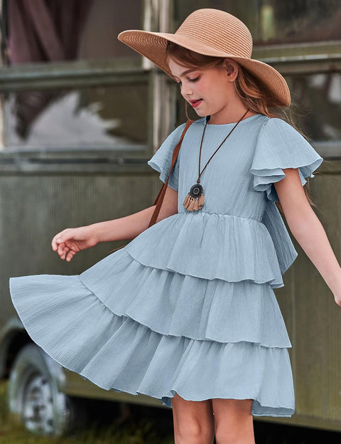 Arshiner Girls Dresses Elegant Ruffle Short Sleeve Back Tie Tiered Dresses