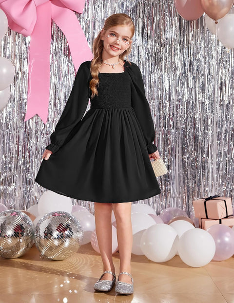 Arshiner Girls Long Sleeve Smocked Skater Elegant Dress with Pockets