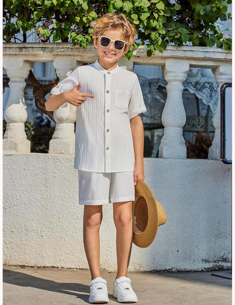 Arshiner Boy's 2 Piece Outfit Short Sleeve Textured Shirt and Short Sets