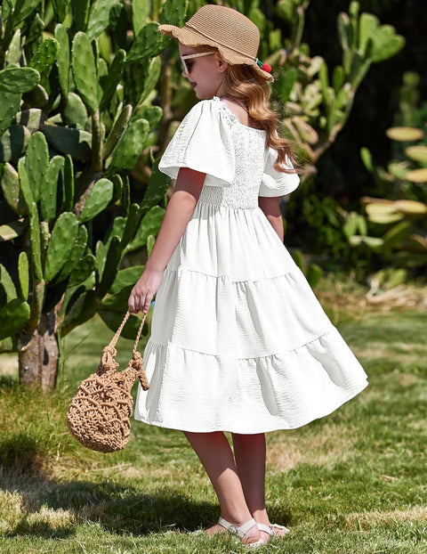 Arshiner Girls Dress Boho Smocked Swing Flowy Ruffle Midi Dresses